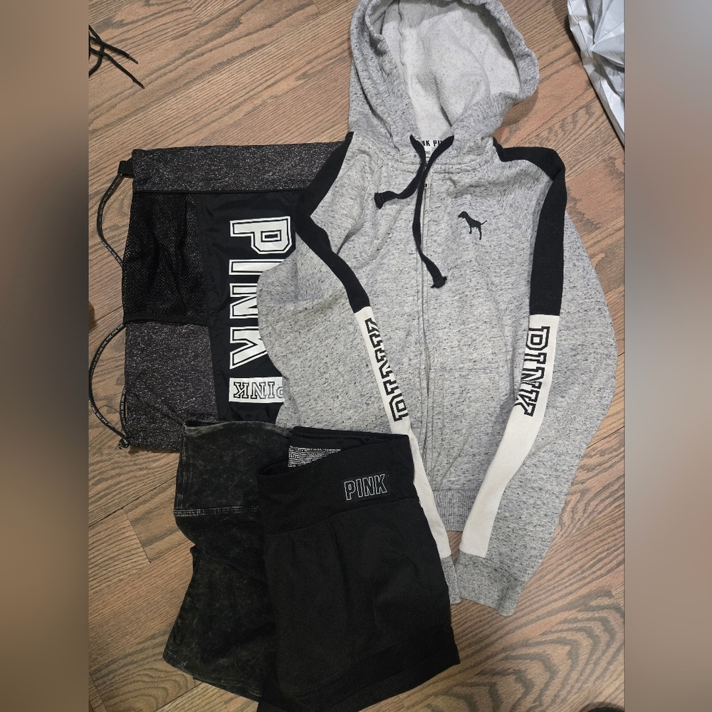 (4) Victoria Secret Pink Items Sweatshirt, Shorts, Drawstring Bag